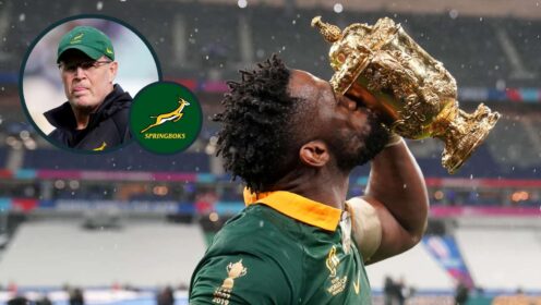 Springboks captain Siya Kolisi with the William Webb Ellis Cup and an inset of head coach Rassie Erasmus.