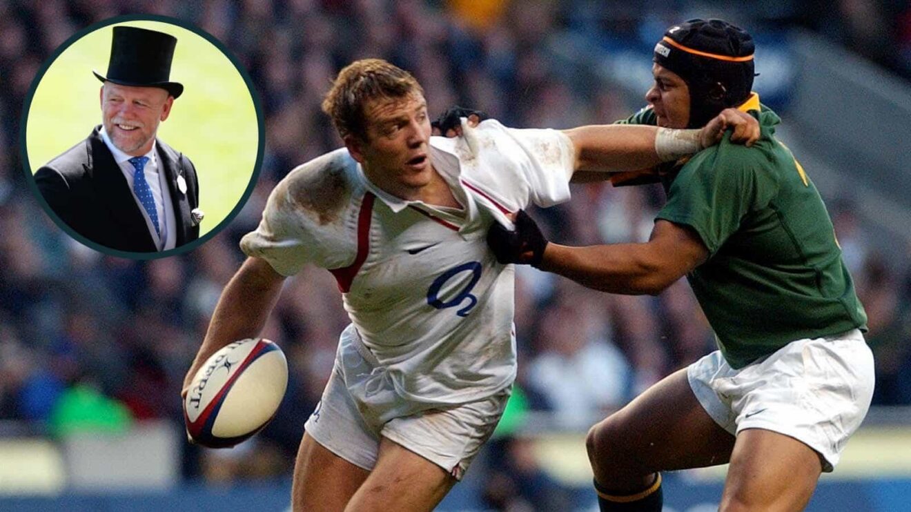 Mike Tindall taking on the Springboks during infamous 2002 game, and former captain pictured in 2025 (inset).