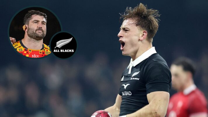Ruben Love in action for the All Blacks and Chiefs flanker Luke Jacobson (inset).