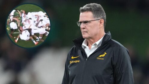 Springboks head coach Rassie Erasmus and an inset of a skewed scrum feed by Italy.