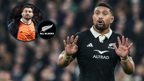 Ardie Savea in action for the All Blacks and Luke Jacobson (inset) warming up.