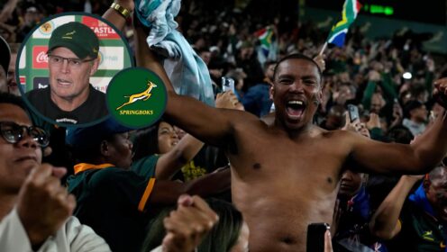 Springboks fan at Ellis Park and an inset of head coach Rassie Erasmus.