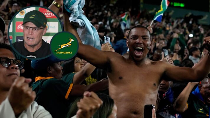 Springboks fan at Ellis Park and an inset of head coach Rassie Erasmus.