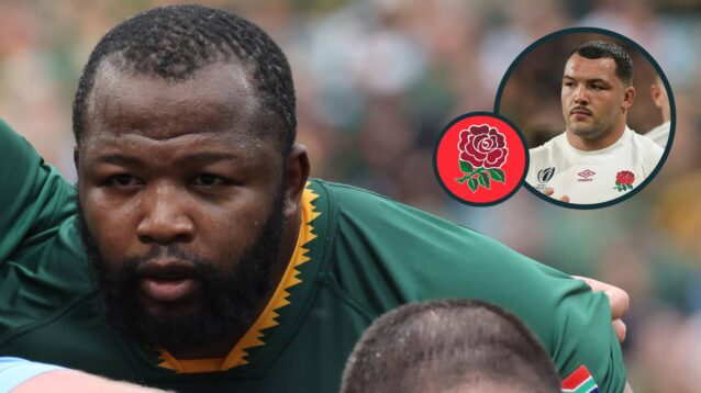 Springboks loosehead prop Ox Nche and an inset of England's Ellis Genge.