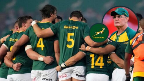 Springboks rugby players huddle and an inset of Rassie Erasmus.