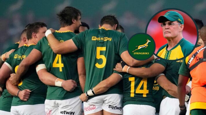 Springboks rugby players huddle and an inset of Rassie Erasmus.