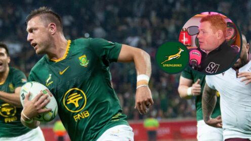 Springboks fly-half Handre Pollard and an inset of Steven Kitshoff.