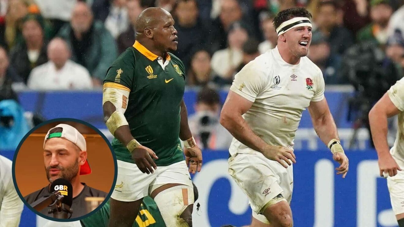 Tom Curry and Bongi Mbonambi during the 2023 Rugby World Cup semi-final, and former England wing Jonny May (inset).