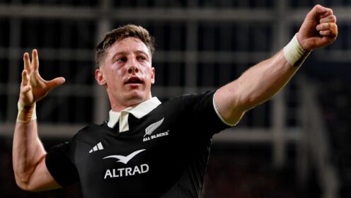 All Blacks scrum-half celebrates scoring against France in July 2026.