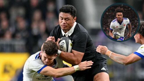 All Blacks winger Caleb Clarke and an inset of France's Theo Attissogbe.