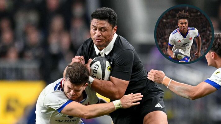 All Blacks winger Caleb Clarke and an inset of France's Theo Attissogbe.