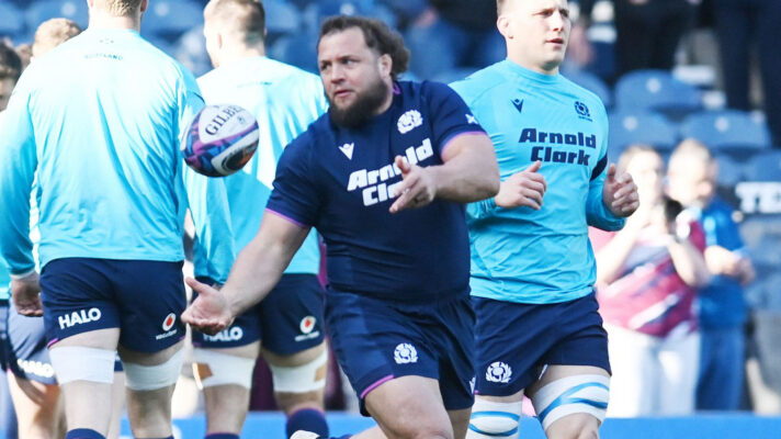 Scotland prop Pierre Schoeman warming up.