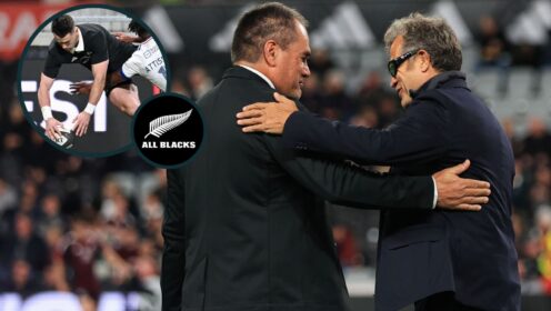 Dave Rennie greeting Fabien Galthie and Will Jordan scoring (inset) for the All Blacks v France.