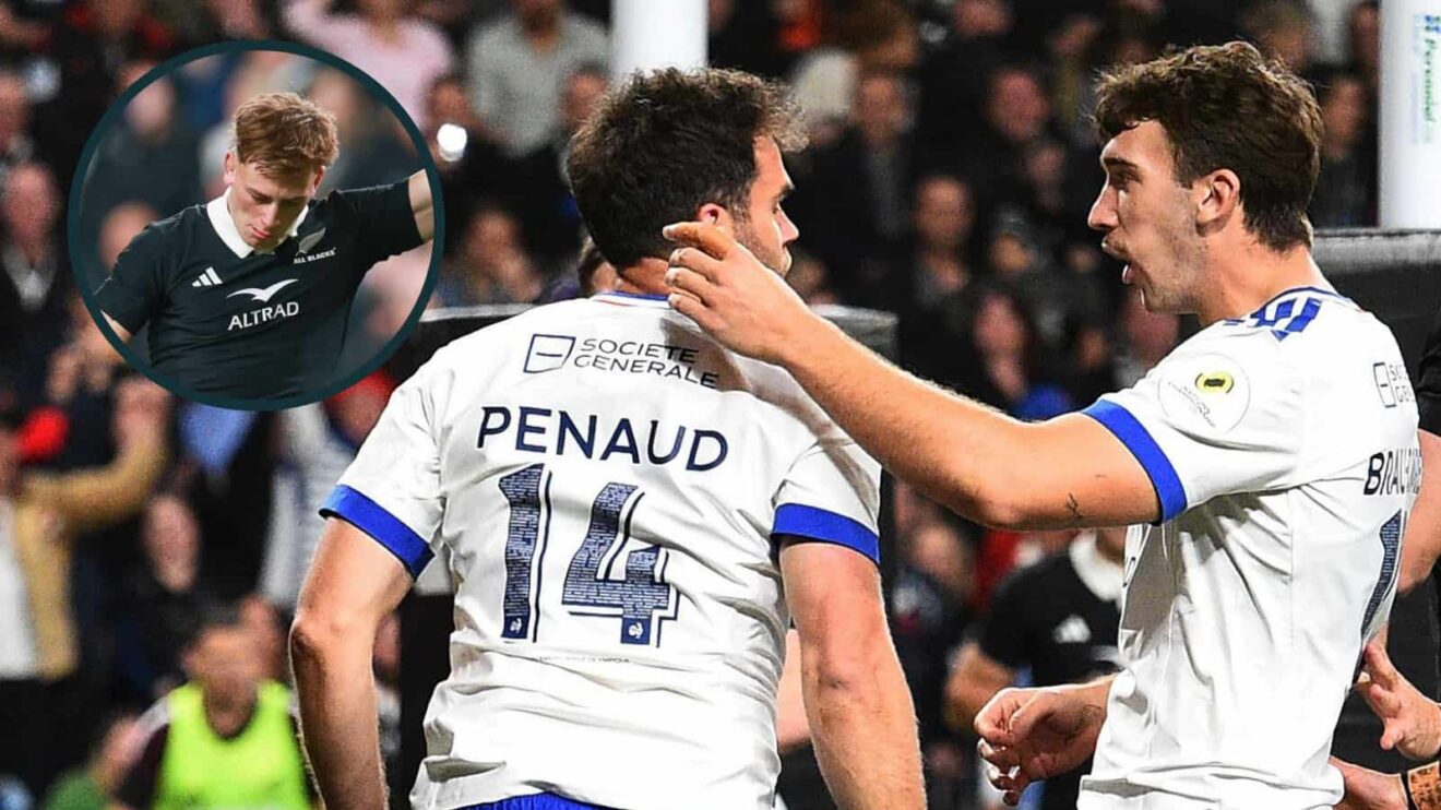 France winger Damian Penaud and an inster of All Blacks fly-half Ruben Love.