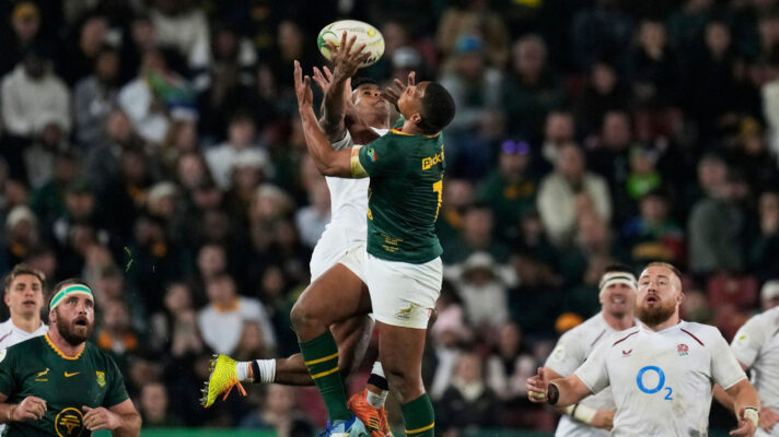 Damian Willemse in the air for South Africa against England.