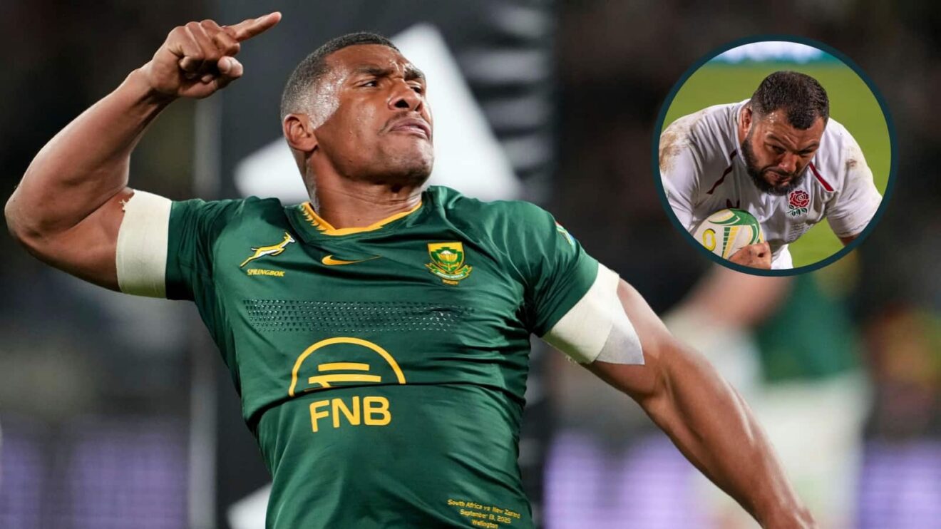 Springboks full-back Damian Willemse and an inset of England's Ellis Genge.
