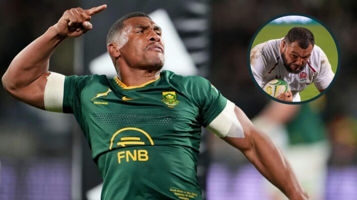 Springboks full-back Damian Willemse and an inset of England's Ellis Genge.
