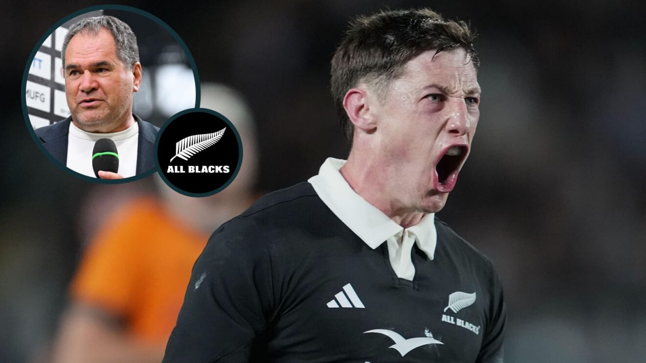 All Blacks scrum-half Cam Roigard and an inset of head coach Dave Rennie.