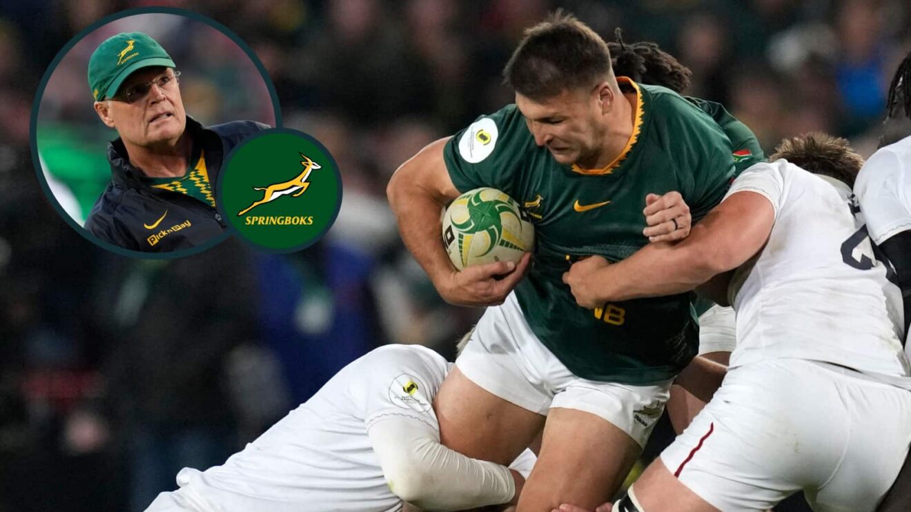 Springboks hybrid player Andre Esterhuizen and an inset of head coach Rassie Erasmus.