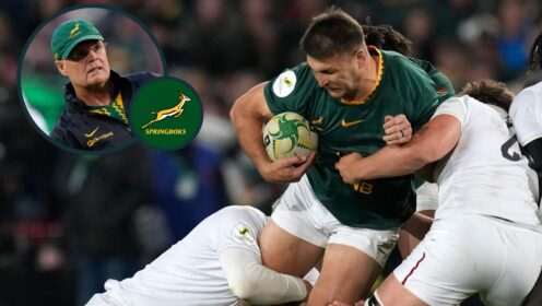 Springboks hybrid player Andre Esterhuizen and an inset of head coach Rassie Erasmus.