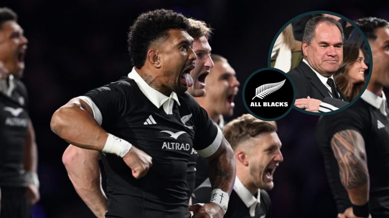 Ardie Savea during the All Blacks' Haka and an inset of head coach Dave Rennie (Rob Blunden, Nations Championship)