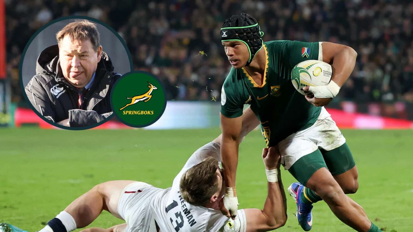 Springboks winger Kurt-Lee Arendse (Credit: Guido Comisso, Nations Championship) and an inset of ex-All Blacks coach Sir Steve Hansen.