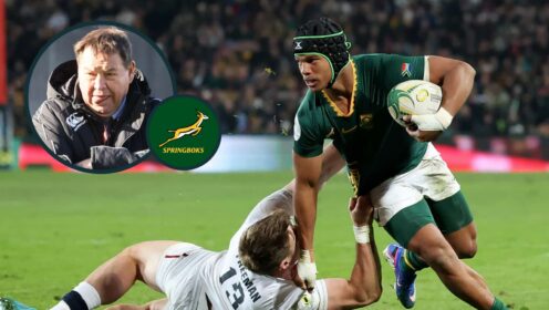 Springboks winger Kurt-Lee Arendse (Credit: Guido Comisso, Nations Championship) and an inset of ex-All Blacks coach Sir Steve Hansen.