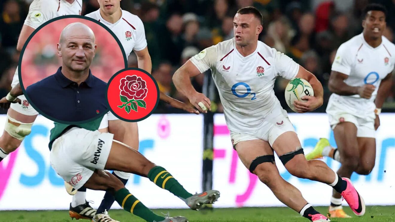 England back-rower Ben Earl and an inset of head coach Steve Borthwick (credit: Guido Comisso, Nations Championship)