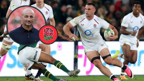 England back-rower Ben Earl and an inset of head coach Steve Borthwick (credit: Guido Comisso, Nations Championship)