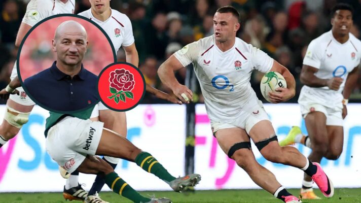 England back-rower Ben Earl and an inset of head coach Steve Borthwick (credit: Guido Comisso, Nations Championship)