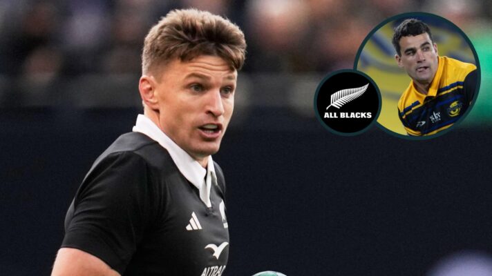 Beauden Barrett in action for the All Blacks and Hurricanes star Josh Moorby (inset).