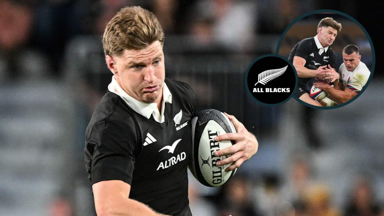 Jordie Barrett in action and the All Blacks star competing for a high ball (inset).
