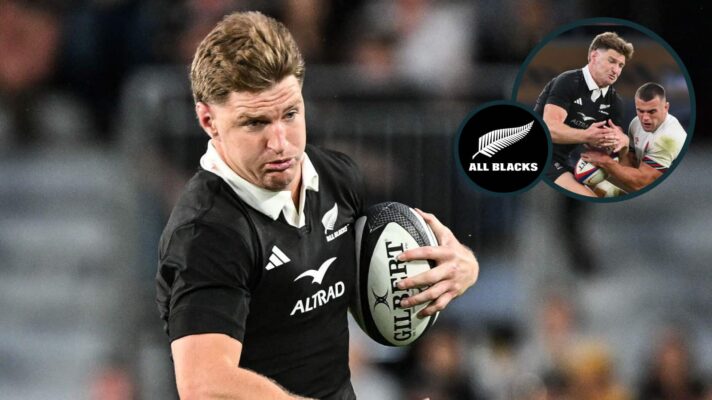 Jordie Barrett in action and the All Blacks star competing for a high ball (inset).
