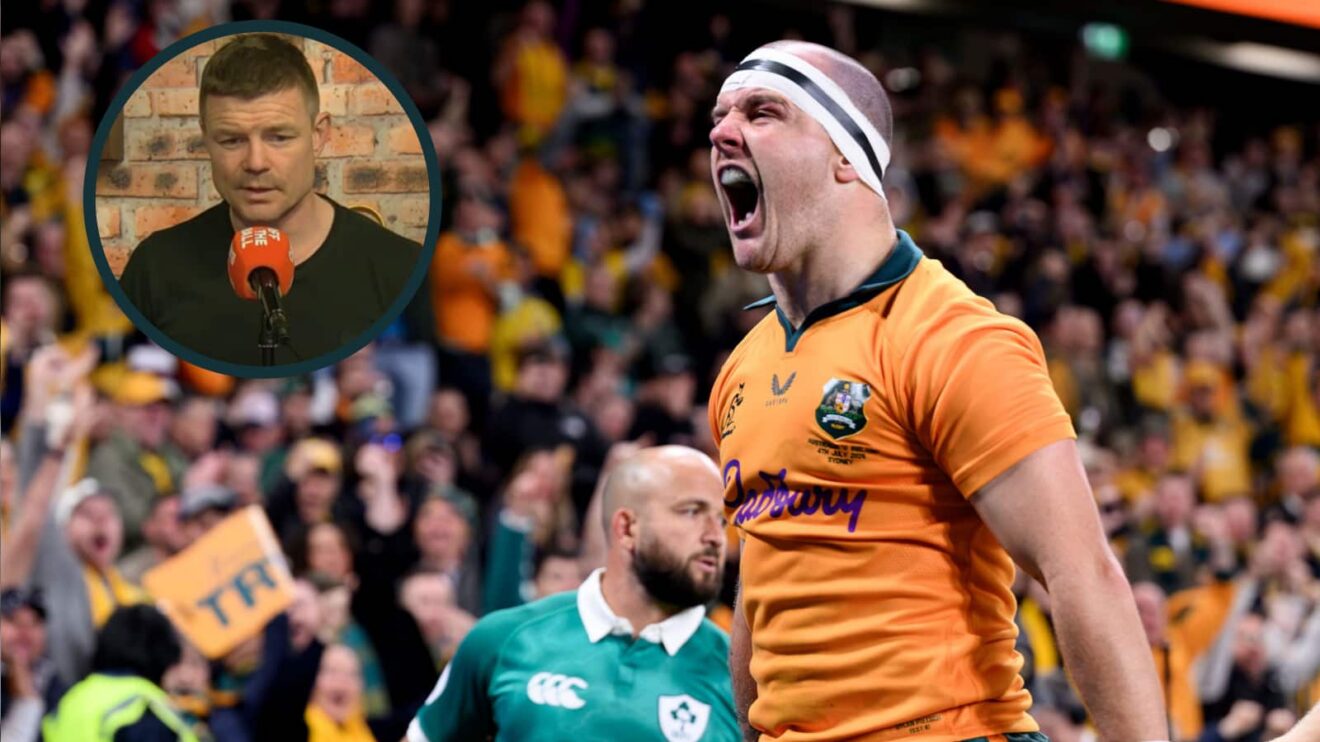 Wallabies celebrate try v Ireland and former Irish captain Brian O'Driscoll (inset).