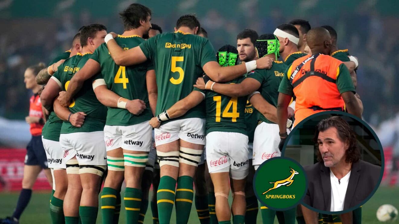 Springboks squad in a huddle and legendary South African lock Victor Matfield (inset).