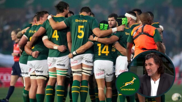 Springboks squad in a huddle and legendary South African lock Victor Matfield (inset).