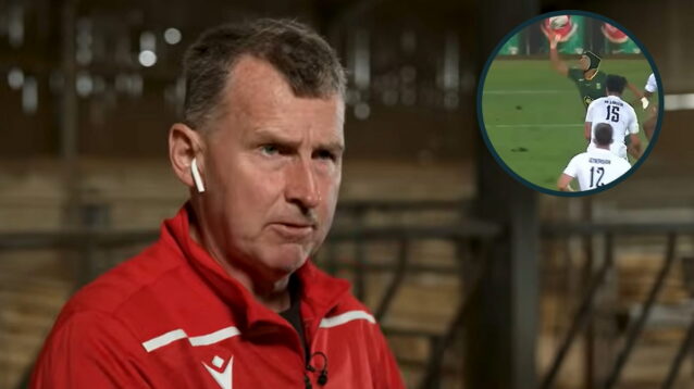 Former Test referee Nigel Owens and the knock-on (inset) which led to Kurt-Lee Arendse's yellow card.