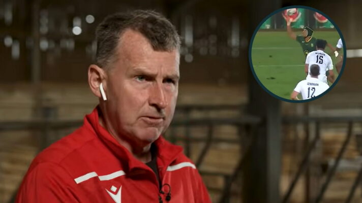 Former Test referee Nigel Owens and the knock-on (inset) which led to Kurt-Lee Arendse's yellow card.