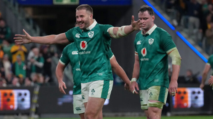 Ireland centre Stuart McCloskey celebrates victory.
