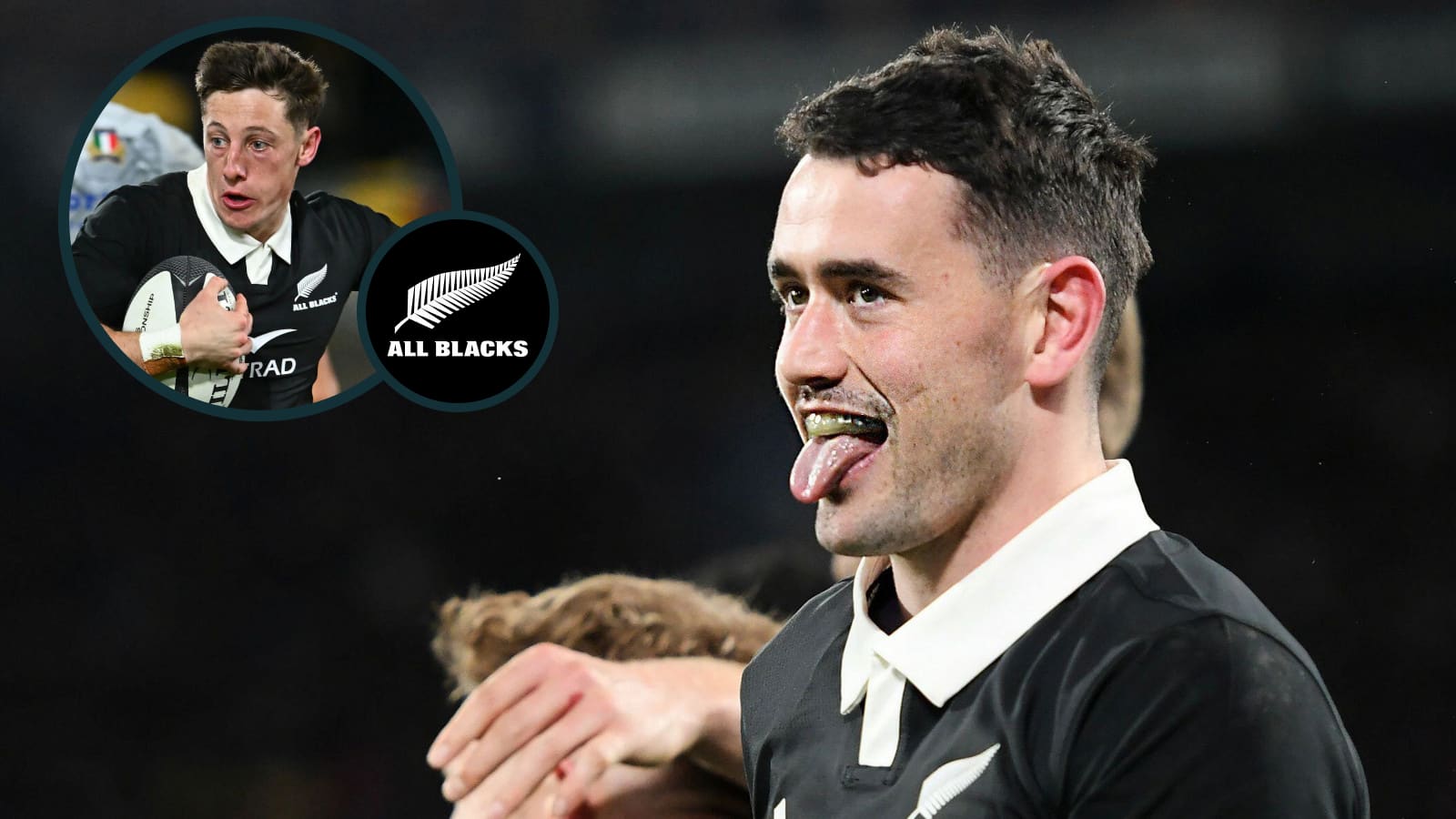 Will Jordan and Cam Roigard after New Zealand scored against Italy