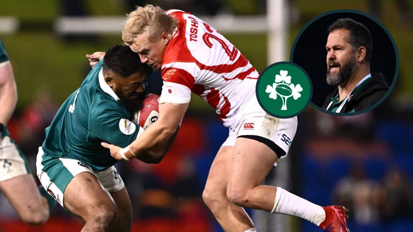 Bundee Aki in action against Japan and an inset of Ireland head coach Andy Farrell