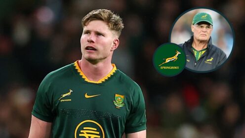 Springboks star Ethan Hooker and an inset of head coach Rassie Erasmus.