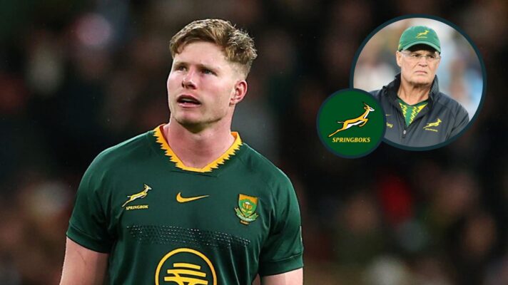 Springboks star Ethan Hooker and an inset of head coach Rassie Erasmus.