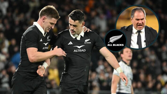 All Blacks backs Will Jordan and Jordie Barrett with an inset of head coach Dave Rennie.