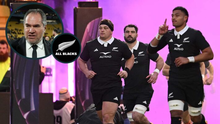 All Blacks Ethan de Groot, Luke Jacobson and Tupou Vaa'i and an inset of head coach Dave Rennie.