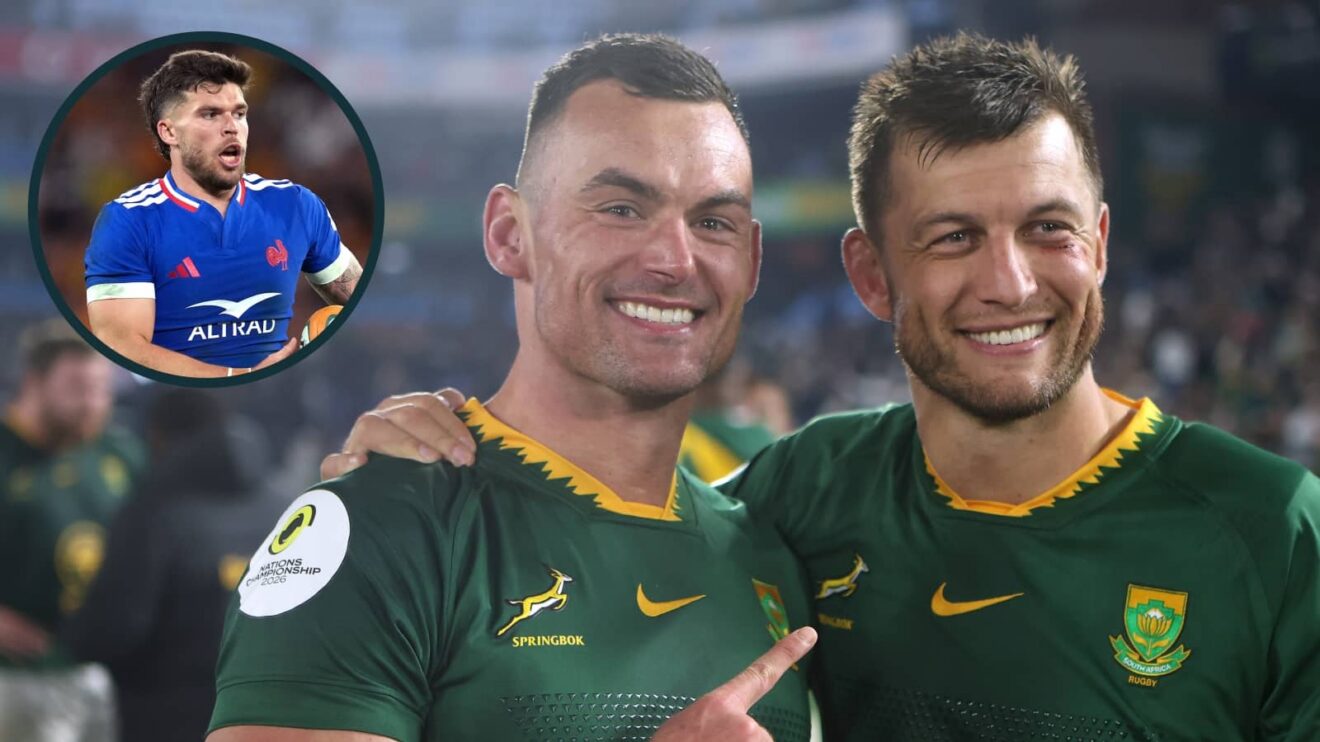 Springboks Jesse Kriel and Handre Pollard with an inset of France's Matthieu Jalibert.