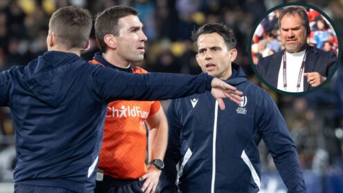 All Blacks v Italy officials debating Ruben Love yellow card and New Zealand head coach Dave Rennie (inset).
