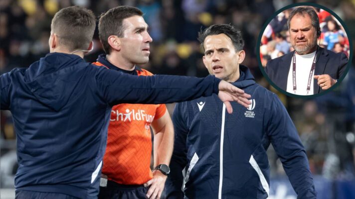 All Blacks v Italy officials debating Ruben Love yellow card and New Zealand head coach Dave Rennie (inset).