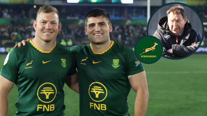 Springboks forwards Johan Grobbelaar and Paul de Villiers with an inset of Sir Steve Hansen.