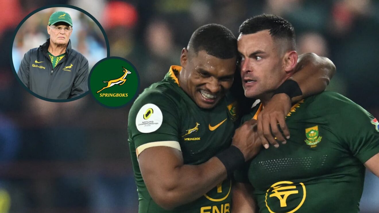 Springboks Damian Willemse and Jesse Kriel with an inset of head coach Rassie Erasmus.